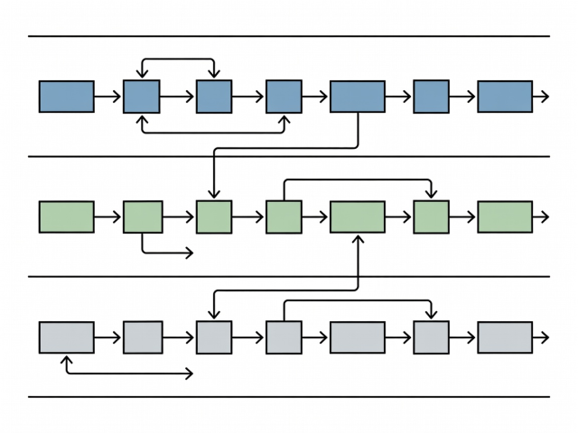 Flat illustration of a swimlane process sketch with three lanes, boxes and arrows between them