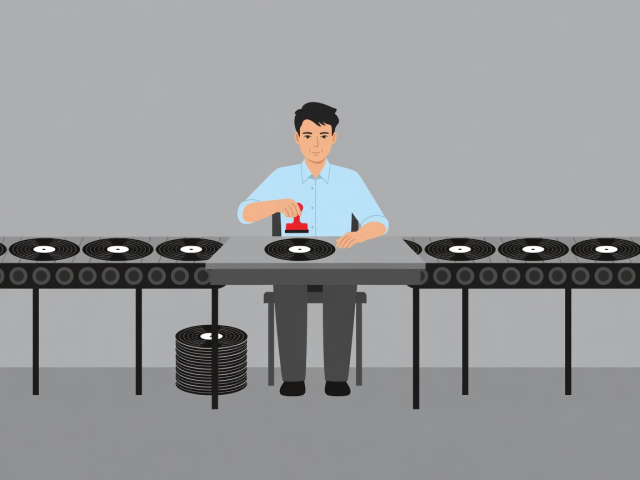 Flat illustration of a person at a review checkpoint approving items on a conveyor of records
