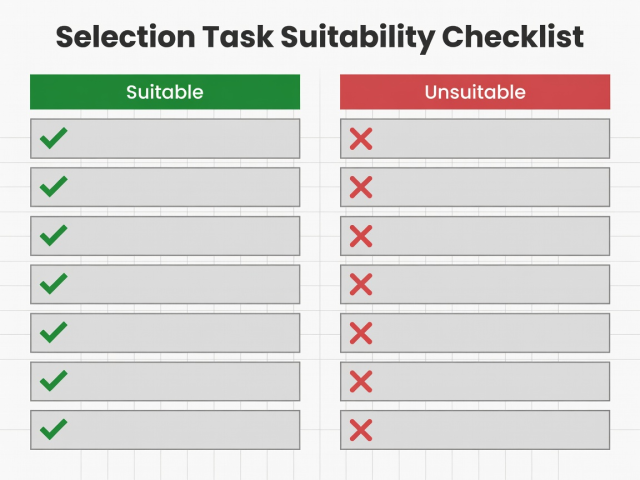 Flat illustration of a checklist with ticks beside task cards sorted into suitable and unsuitable columns